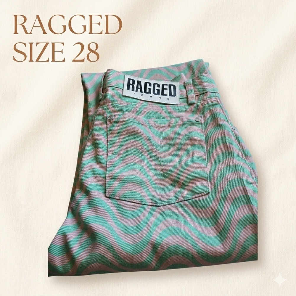 Ragged Jeans Y2K Indie Aesthetic Wave‎ Print Denim Pants  28
